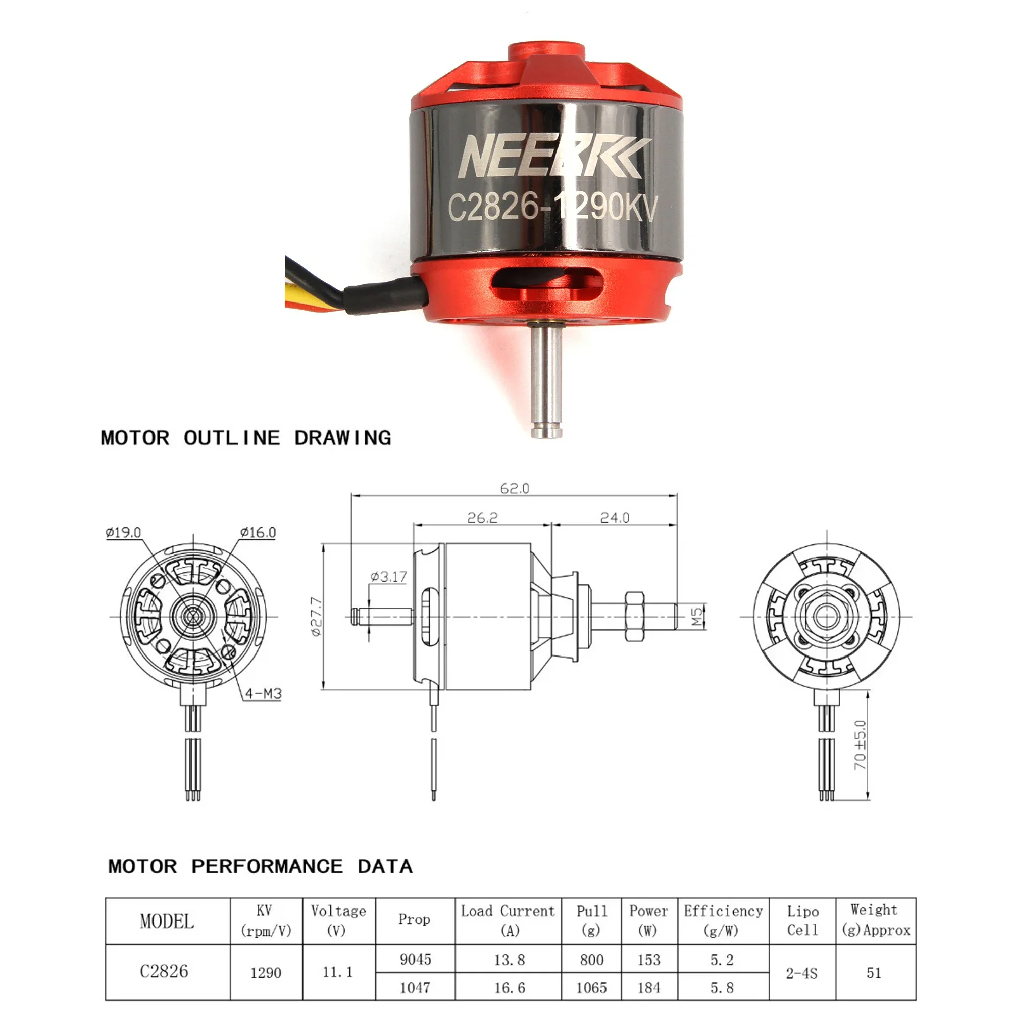Neebrc 2826 1290kv 2-4S Outrun - Rc Plane Hobby Zone recensie en prijs